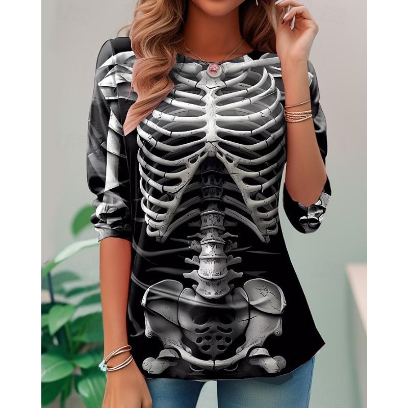 Damen T-Shirt,3D-Druck,O-Ausschnitt,Langarm,Lässig,Leichtes Oberteil,Halloween,Hip Hop,Große Größe,Mode