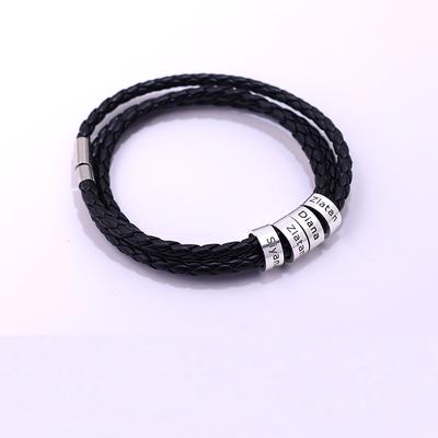 Bracelet Personnalisé Tressé en Cuir Véritable pour Homme avec Perles en Acier Inoxydable et Breloques Nom Personnalisé avec Noms de Famille pour Hommes