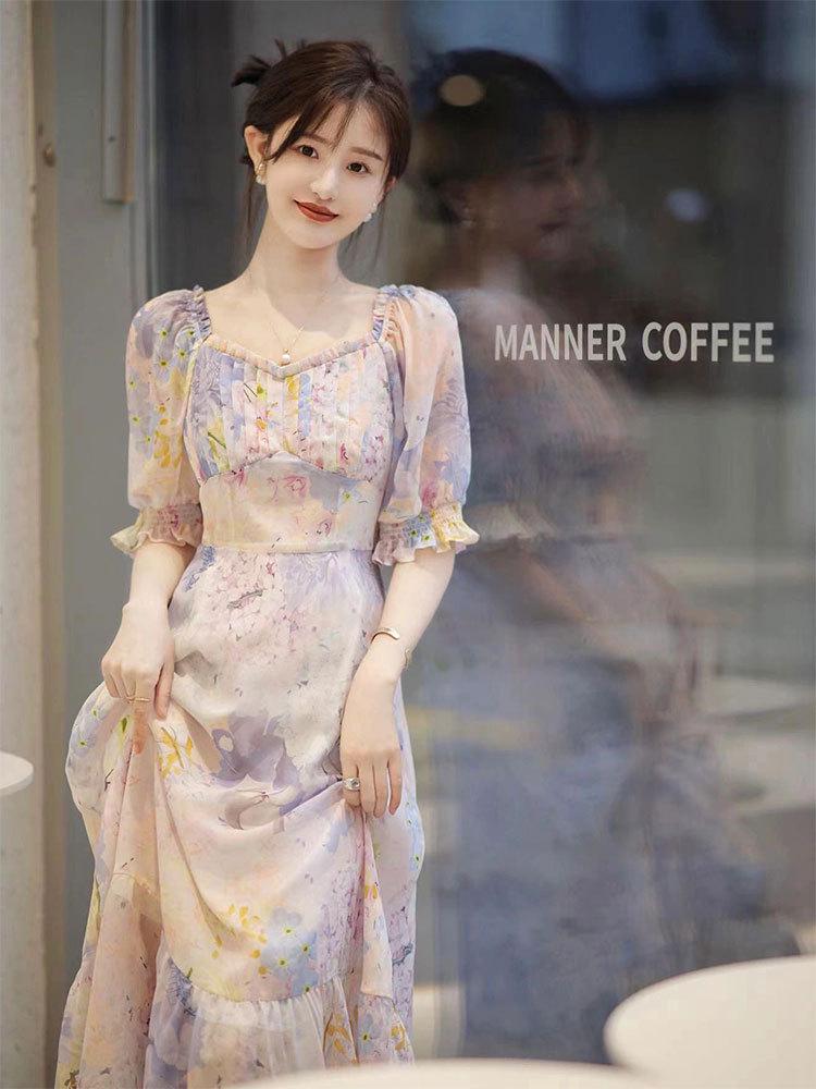 

Exquisite French Chic Purple Floral Long Dress for Women Small