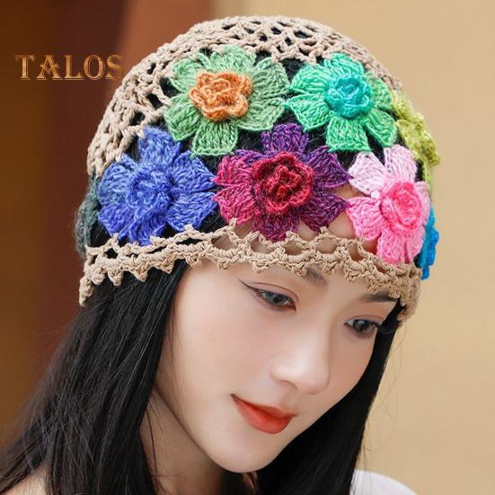 Women Hat Manual Colorful Hollow Out Knitted Flower Crochet Elastic Soft Breathable Lightweight Sunshade Soft Travel Outdoor Cap Brimless Beanie