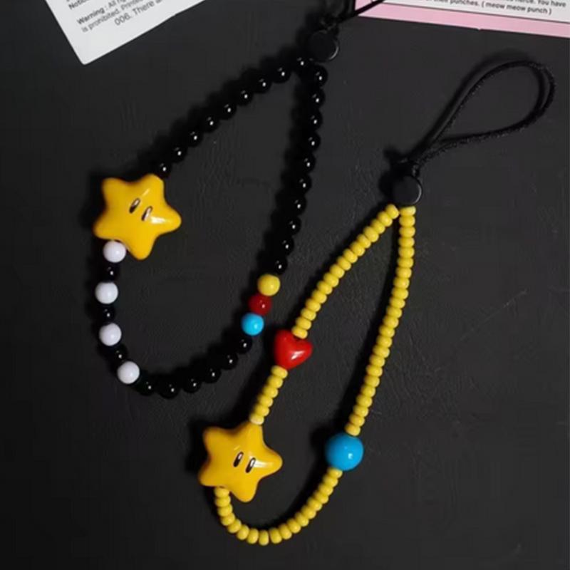 Ins Dopamine Star Black Yellow Beaded Phone Charm Strap Pendant For Iphone Camera Accessrioes Chain Lanyard Girls Hanging Rope