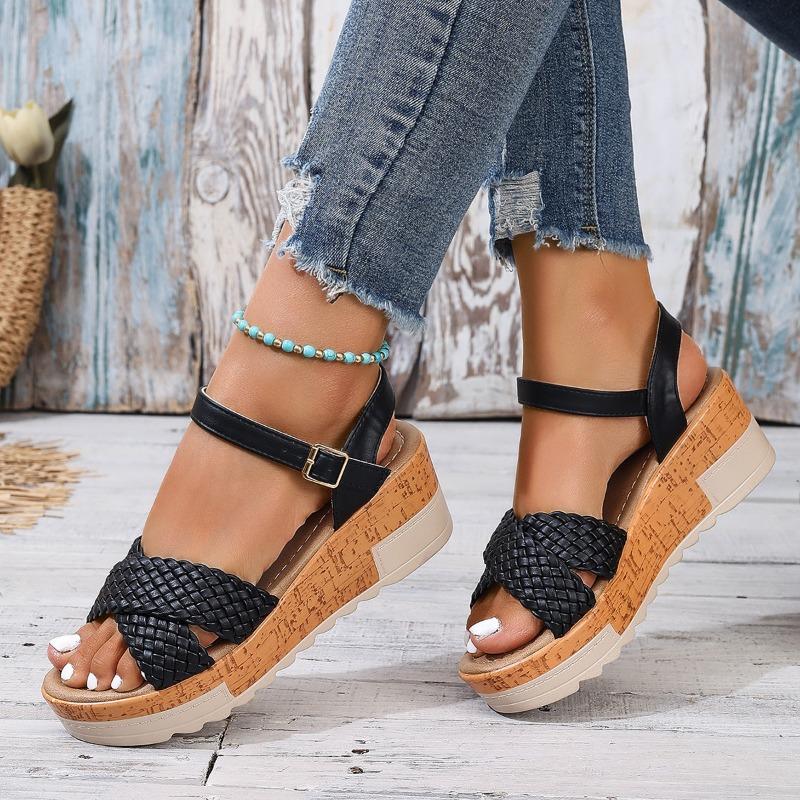 Large Size One-word with Wedge Heel Sandals Women's Buckle Thick-soled Woven Belt Light Beach Cool Slippers