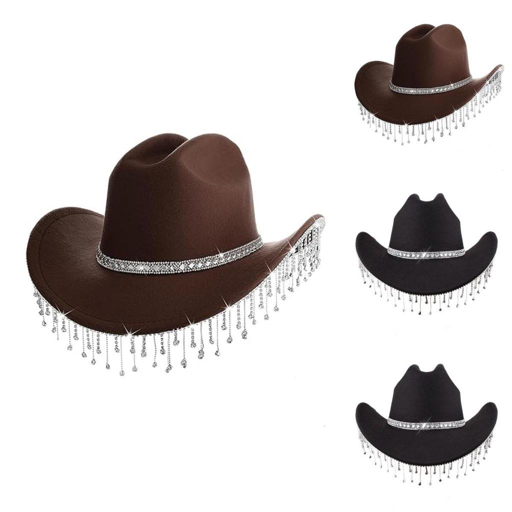 Western Cowgirl Hat With Rhinestone Tassel Decoration And Large Brim For Summer Outdoor Fashion
