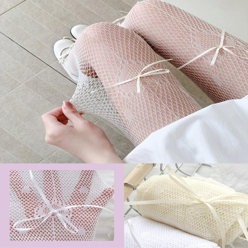 Women's Fishnet Stockings with Bowtie Girls Fish Net Tights with Designs High Waist Pantyhose Thigh High Stockings