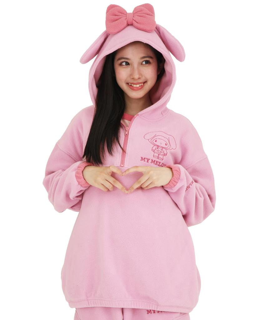 SAZAC My Melody Long Warm Top Half-Zip Hoodie, Fleece, Women's, Sleeve, (Pink/L/SAN1859)