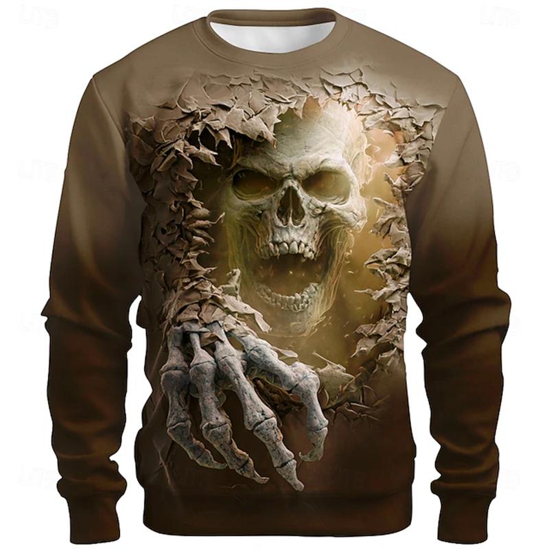 Men's 3D Printed Skull Long-sleeved T-shirt Top Retro Men's Round-neck Street T-shirt Autumn Outdoor Oversized Clothing