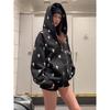 High Street American Cross Print Hooded Cardigan Jacket Autumn Vintage Heavy Loose Trend Sweater Top