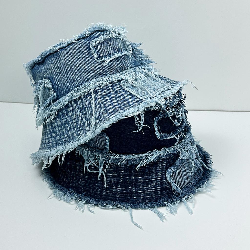 Vintage Denim Bucket Caps Ripped Packable Patchwork Distressed Wide Brim Fisherman Hat Women Men Fashion Street Sun Hats