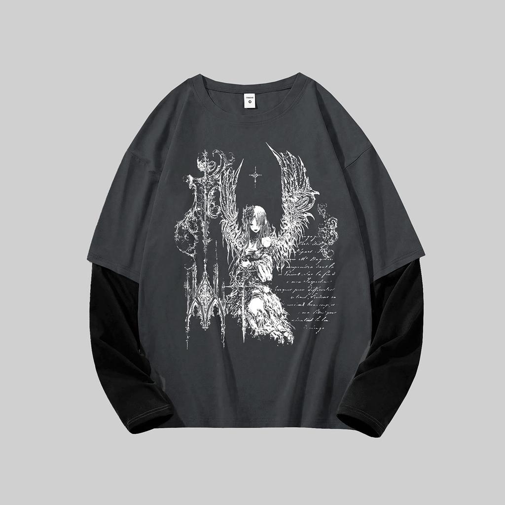 Maglietta Goth da Uomo Y2k Grafica Oversize Manica Lunga Girocollo Streetwear Top Vestibilità Primaverile