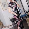 Women Dress Chinese National Style Floral Print Stand Collar Short Sleeves High Side Split Chinese Knot Buttons Cheongsam Satin Silky Slim Fit Summer