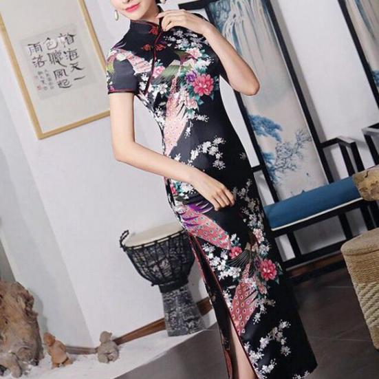 Women Dress Chinese National Style Floral Print Stand Collar Short Sleeves High Side Split Chinese Knot Buttons Cheongsam Satin Silky Slim Fit Summer
