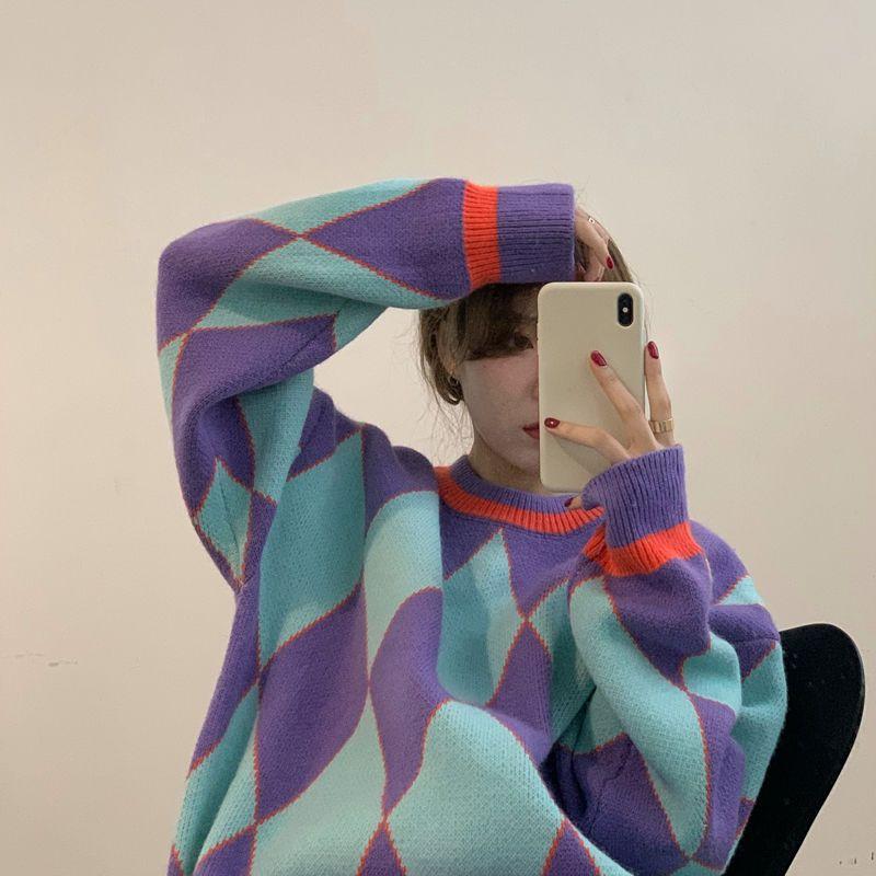 Autumn Winter Women's Korean Style Student Color Block Argyle Lazy Loose Sweater Versatile Knit Top