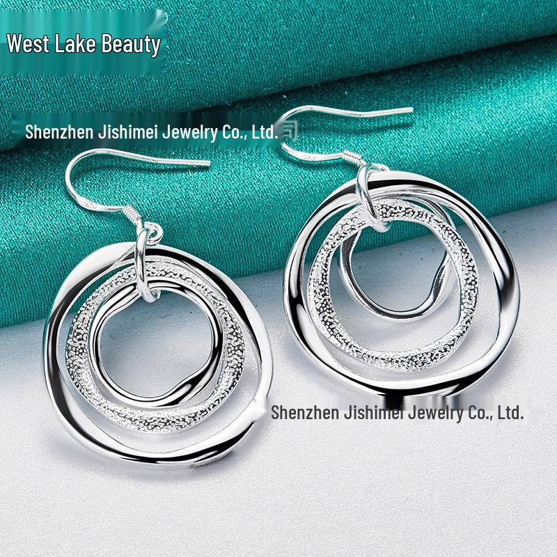 Silver Frosted Triple-Circle Wave Earrings - Women's Jewelry