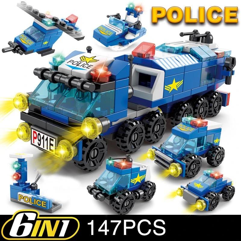 6In1 Police Sports Car Fire Engineering Engine Mini Loader Truck Plane Classic City Model Building Blocks Sets Bricks Toys Gifts
