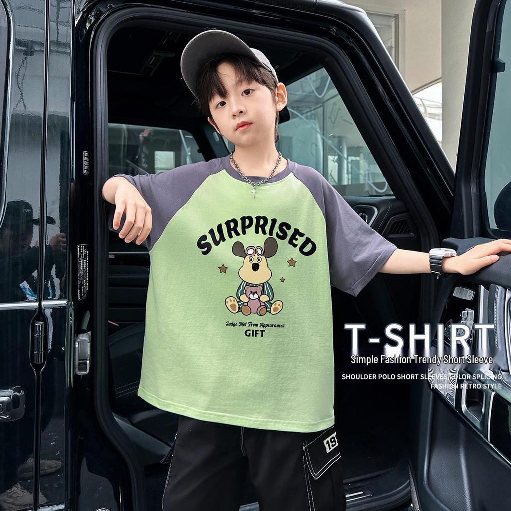 Clearance: Boys' Cartoon Print Cotton T-shirt - Short Sleeve, Round Neck, Color Block, Versatile Summer Top