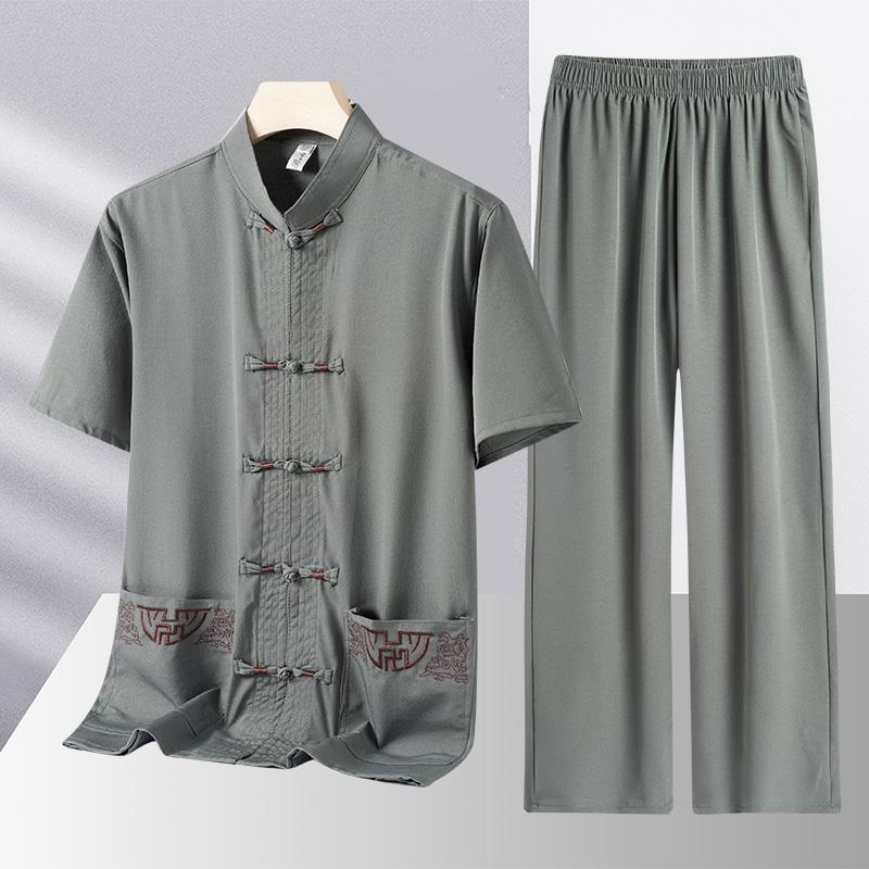 

Костюм Тан для среднего и пожилого возраста, костюм из двух частей из ледяного шелка с короткими рукавами в китайском стиле 185 темно серый