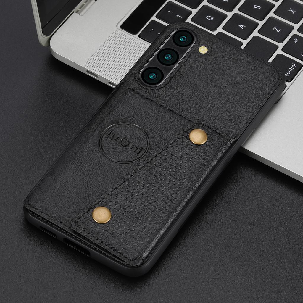 Für Samsung Galaxy S23 Hülle mit doppeltem Knopf und Kartenhalter, PU-Lederbeschichtetes TPU, mit Ständer und Metallplatte für Kfz-Halterung