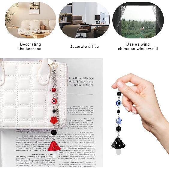 Car Rearview Mirror Mushroom Charm, Car Hanging Ornament Resin Mushroom Pendant for Women Girls, Lucky Mushroom Beaded Decor Universal Rear View
