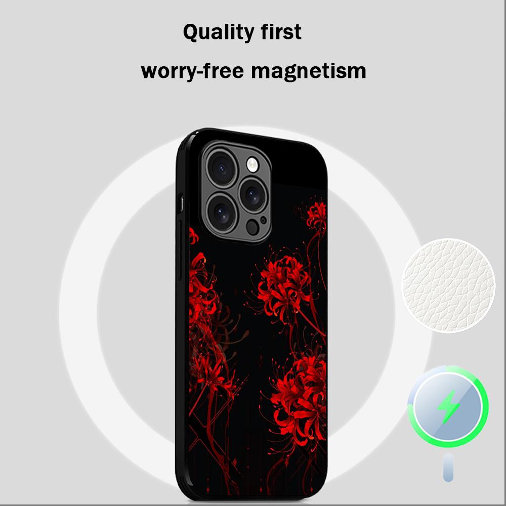 Japan art red spider lily pattern Phone Case For iPhone 17 16 15 14 13 12 Plus Pro Max  High-end Luxury Magsafe Sheepskin