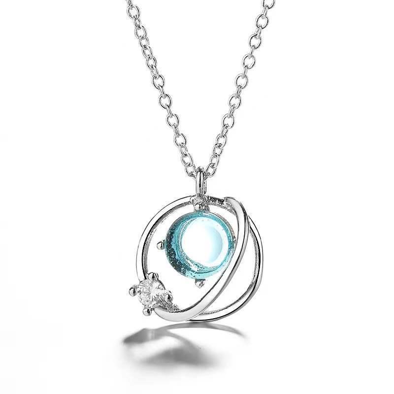 Beixi S925 Sterling Silver Aurora Clavicle Chain with Rhinestone Planet Necklace for Women S925 Silver