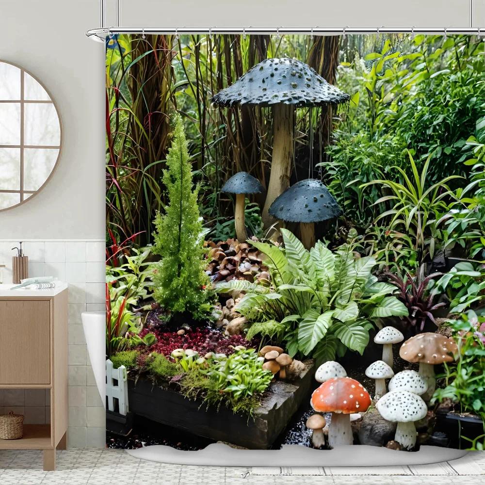 Garden Scenery Shower Curtain Mushroom Jungle Nature Plants Flower Patio Forest Green Leaf Polyester Bathroom Decor Curtains Set