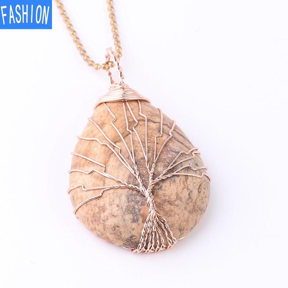 Große Roségold-Wassertropfen-Halskette mit gewundenem Anhänger, natürliche Kristall-Anhänger-Halskette, reiner handgefertigter Baum des Lebens