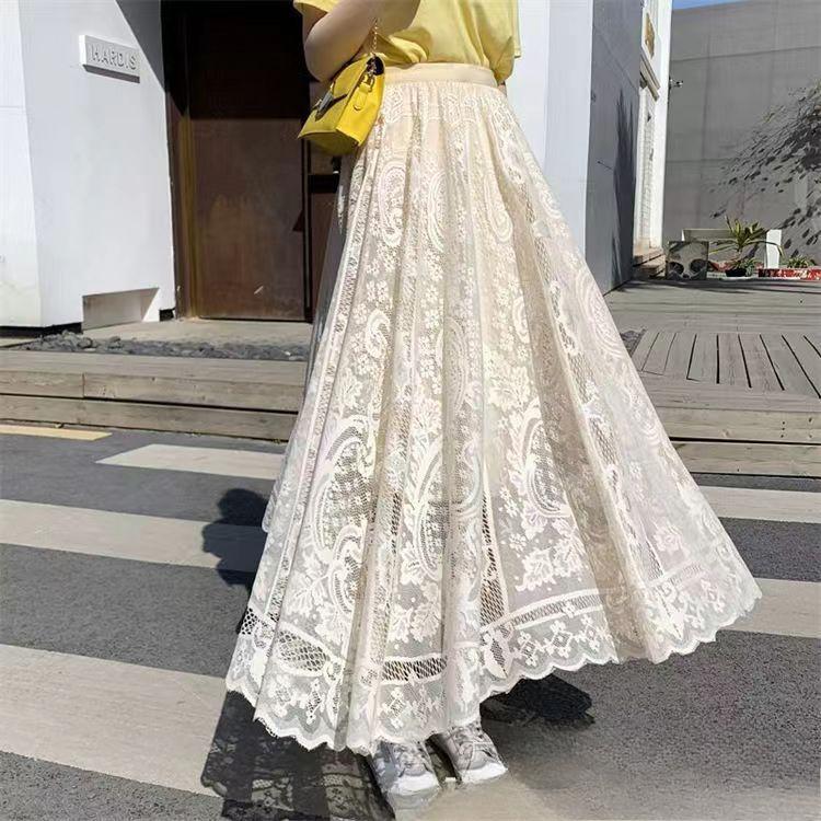 

Женская весенне-летняя кружевная юбка, длинная юбка трапециевидной формы, газовая плиссированная юбка с большим подолом бежевый