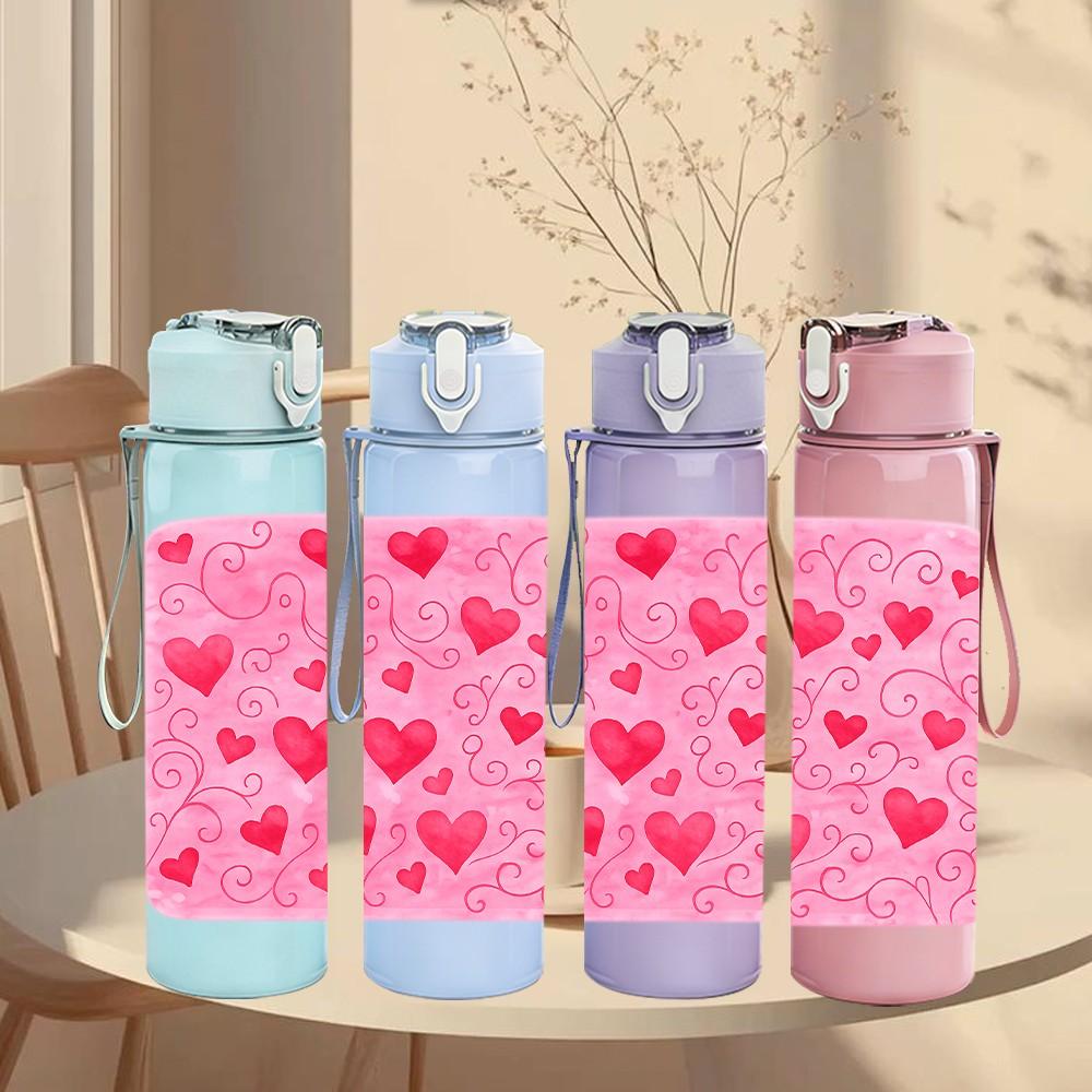 1PC Pink Red Heart Love Pattern Print 750ml Color Plastic Sports Water Bottle Leakproof Flip Straw Lid Suitable for Sports Office Home Use