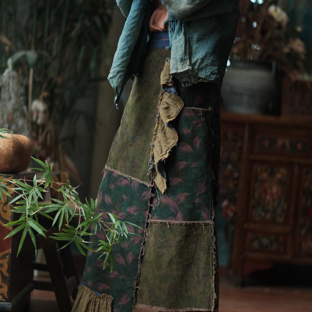 Luo Gu Ni Original Green Patchwork Cotton Linen Lace-Up Wrap Skirt