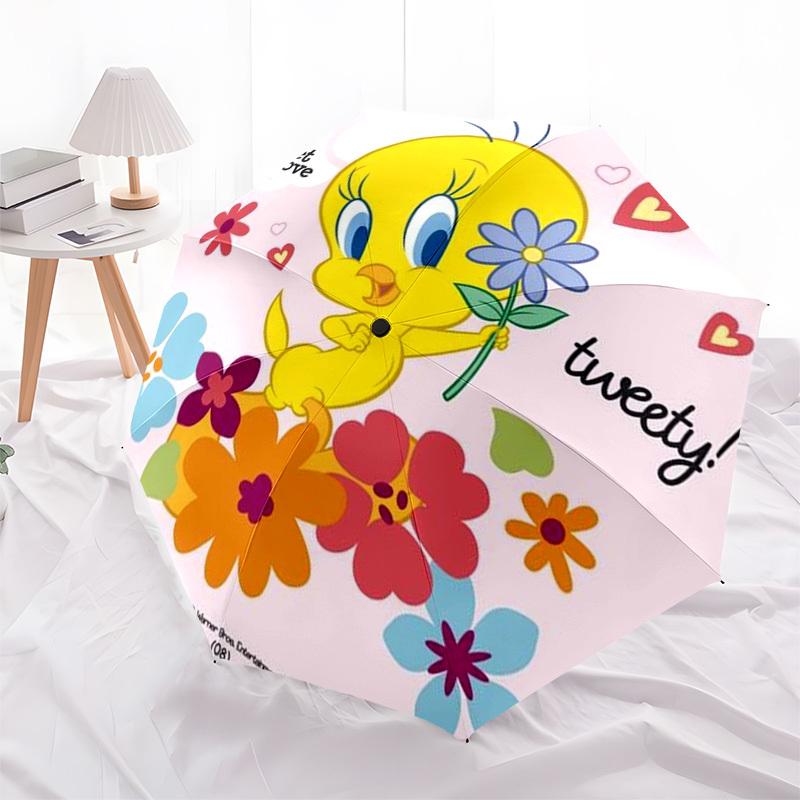 1pc Tweety Bird Flowers Heart Umbrella with Plastic Handle,Cartoon Pattern,Suitable for All Seasons Multi-functional Umbrella347