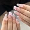 24Pcs French Almond Press On Nails White Pink Glossy Bowknot Camellia Butterfly Decor Sweet False Nails