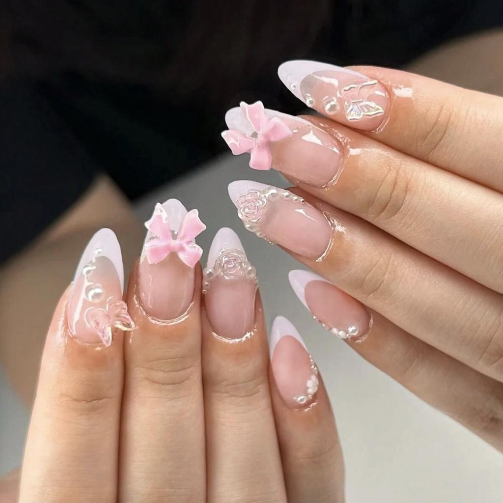 24Pcs French Almond Press On Nails White Pink Glossy Bowknot Camellia Butterfly Decor Sweet False Nails