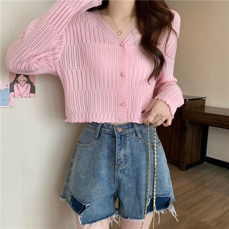 

Женский кардиган с короткими рукавами из ледяного шелка для защиты от солнца, накидка, тонкая верхняя одежда и укороченный свитер One size розовый