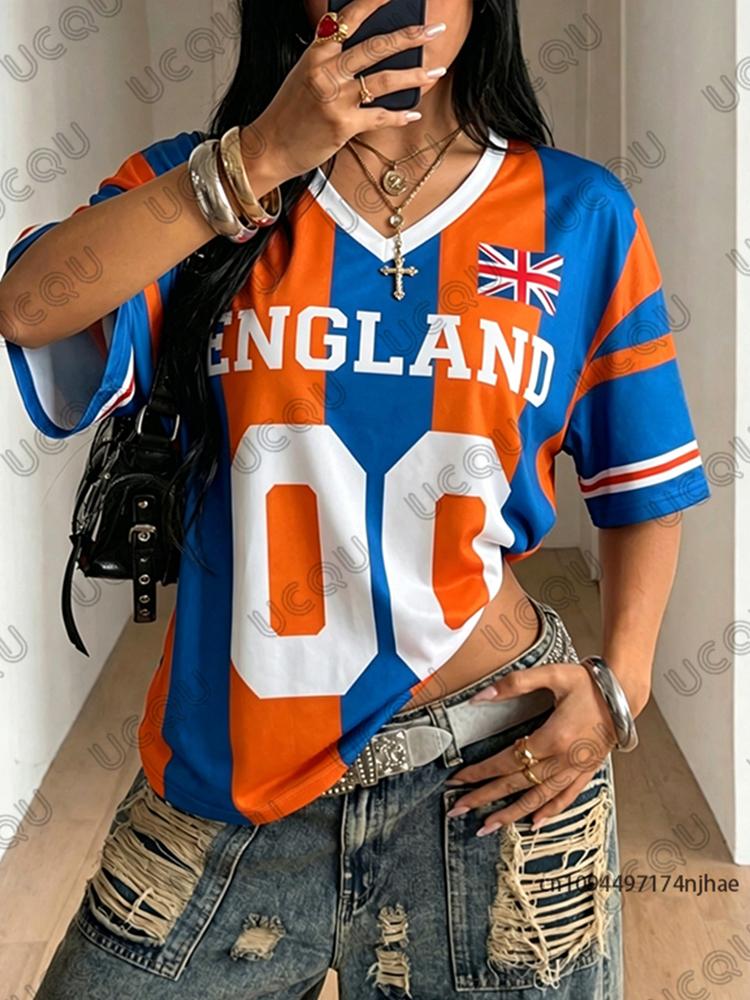 Sommer Neues Streifen England Druck T-Shirt Für Damen Kurzarm Patchwork V-Ausschnitt T-Shirts Sport Fußballtrikot Y2K Übergroße Oberteile