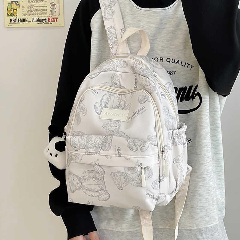 Charming Bear Pattern Backpack Versatile Lightweight Nylon School Bag For Casual Style
