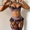 Damen Sexy Leopard Print Push-Up BH-Set Doppel-Schulterträger Spitze Einsätze Dessous-Outfit Mit Oberschenkelhohen Strümpfen
