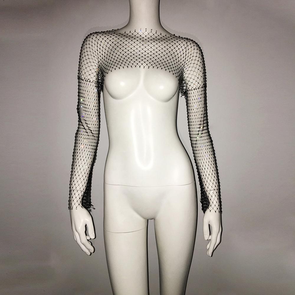 Europäisches & Amerikanisches High-End Mesh Strass Damen Langarmtop