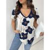 QICED Women's Fashion Casual Solid Color Print V-Neck Short Sleeve Blouses & Shirts