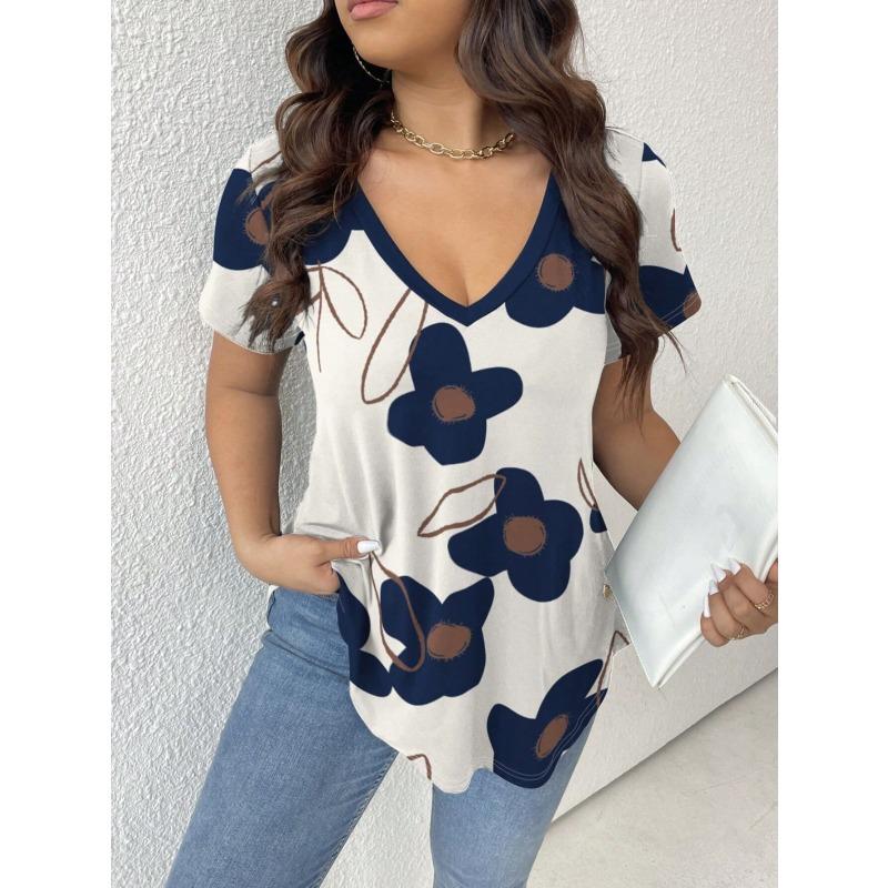 QICED Women's Fashion Casual Solid Color Print V-Neck Short Sleeve Blouses & Shirts