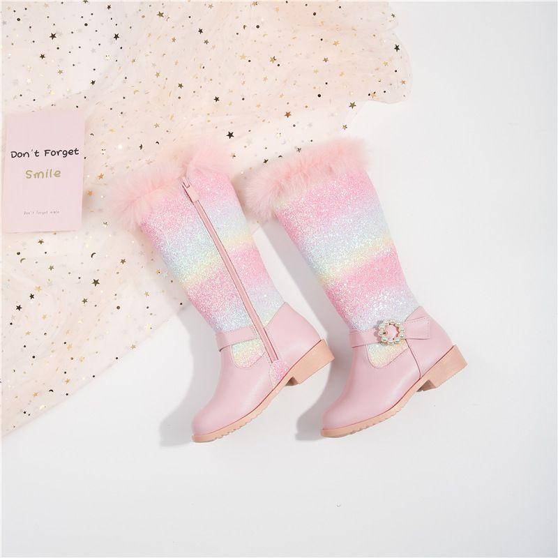 2025 New Autumn Winter Girls Rainbow Princess Fashion Children Pink Boots Knee Length Boots Plush Fur Girls Shoes