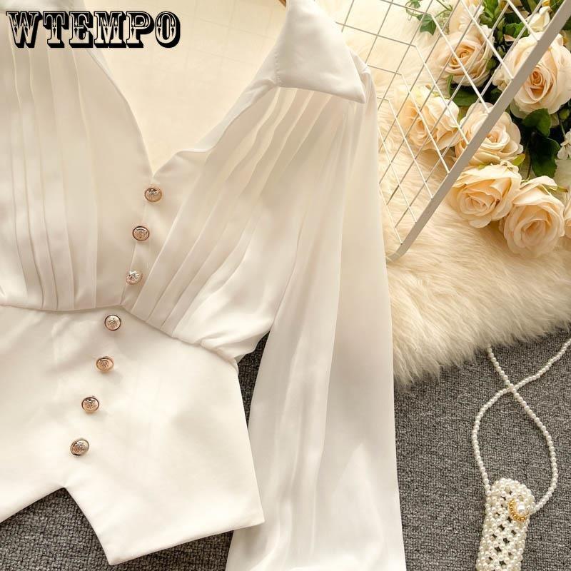 Jarní a podzimní dámská košile Design Sense Malá vráska Košile s výstřihem do V Dlouhý rukáv Košile s francouzským temperamentem Nepravidelný lem Elegantní košile s bublinkovým rukávem