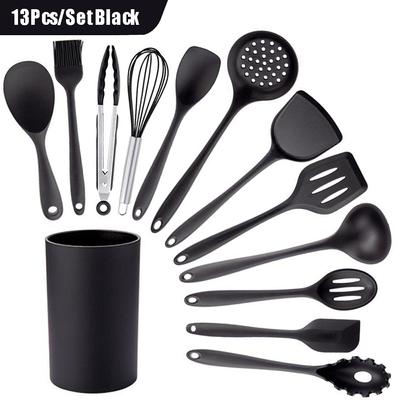 Black Silicone Kitchenware Cooking Utensils Set Non-stick Cookware Set Spatula Shovel Egg Beaters Wooden Handle Kitchen Cooking Tool