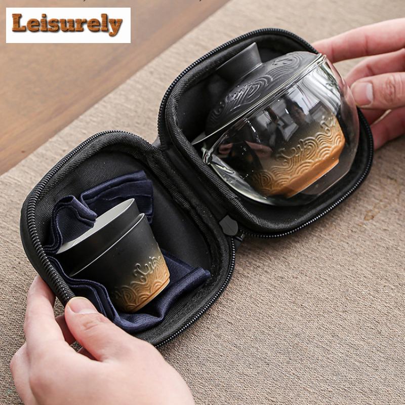 Black Pottery Teapot And Tea Cup Set Kit Tea Making Travel Tea Set Outdoor Portable Bag Chinese Tea Set Supplies 1 Bowl 2 Cups