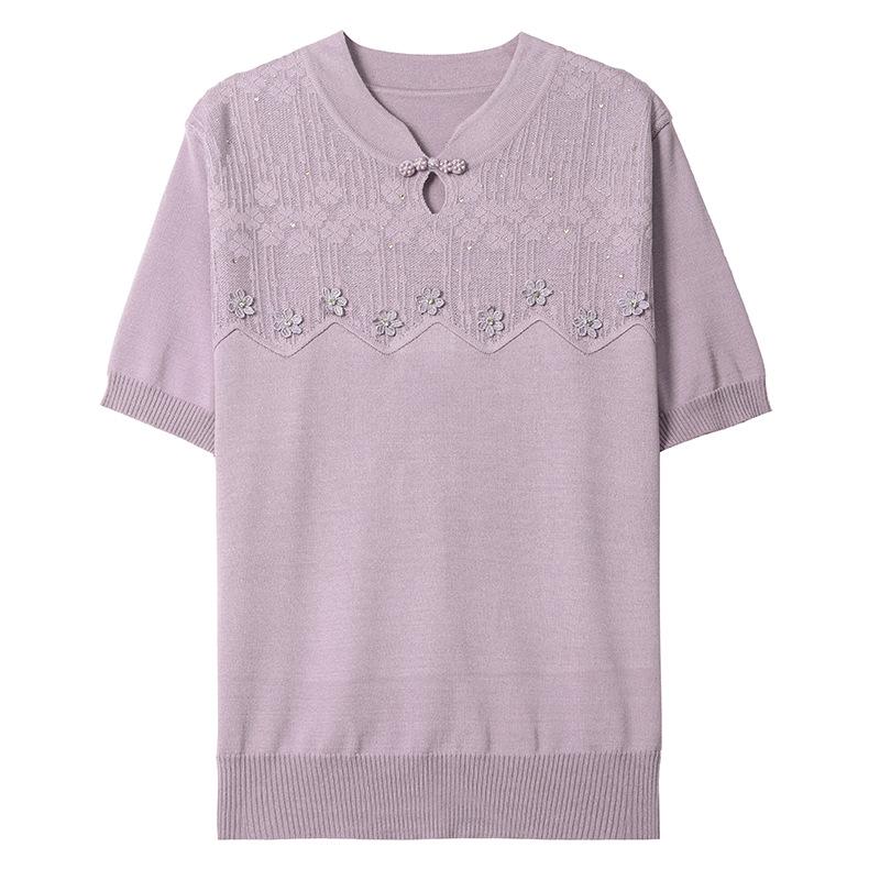 Stilvolles chinesisches Eis-Seiden-Kurzarm-T-Shirt & Strickjacke für Frauen mittleren Alters