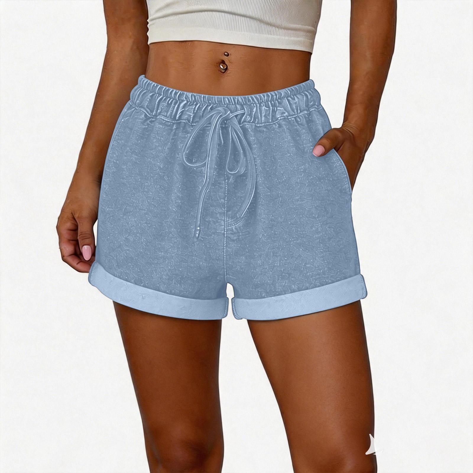 

Women Casual Loose Fit Denim Shorts with Elastic Waistband Adjustable Drawstring and Rolled Hem for Daily Wear L