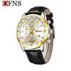 OFNS 3D Sun Dial Quartz Watch: Luminous, Waterproof, Multifunctional Men's Timepiece with Three-Eye, Six-Needle Design and Calendar.