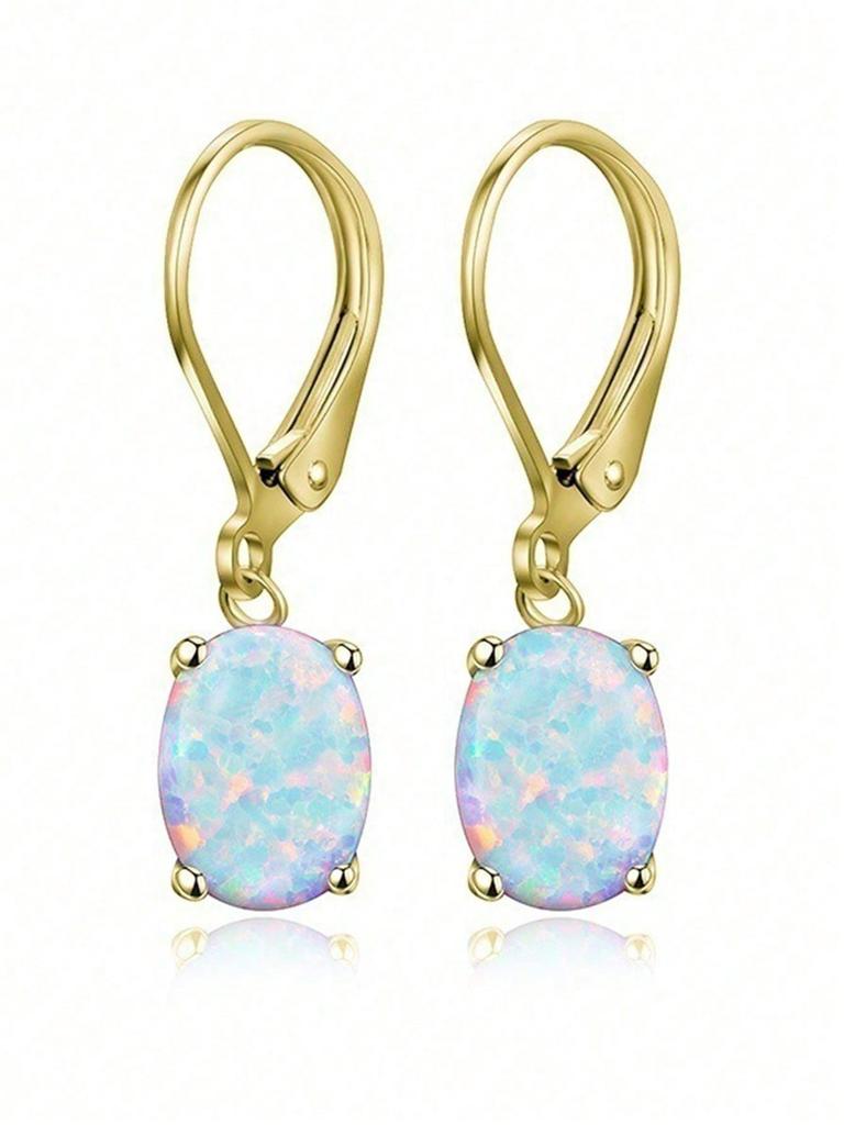 1 Pair New Arrival Popular Luxury 4-Claw Oval Artificial Opal Earrings, Fashionable Accessories For Both Men And Women