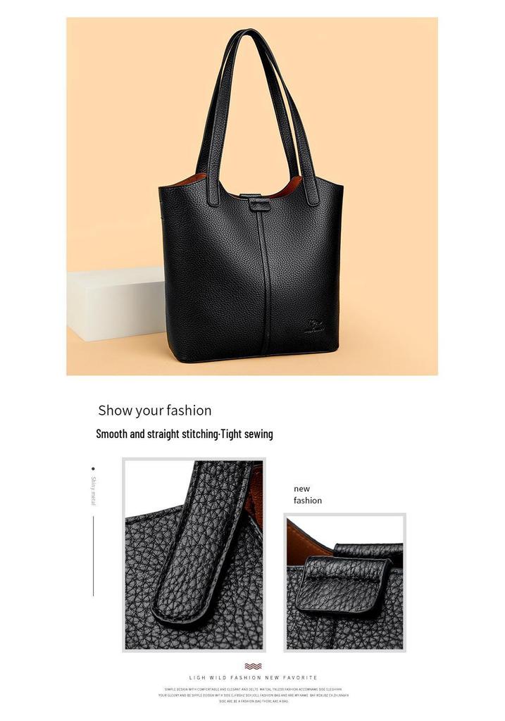 Women's Soft Leather Tote Bag - Stylish Simple Solid Color, Large Capacity, Single Shoulder for Work and Commute.