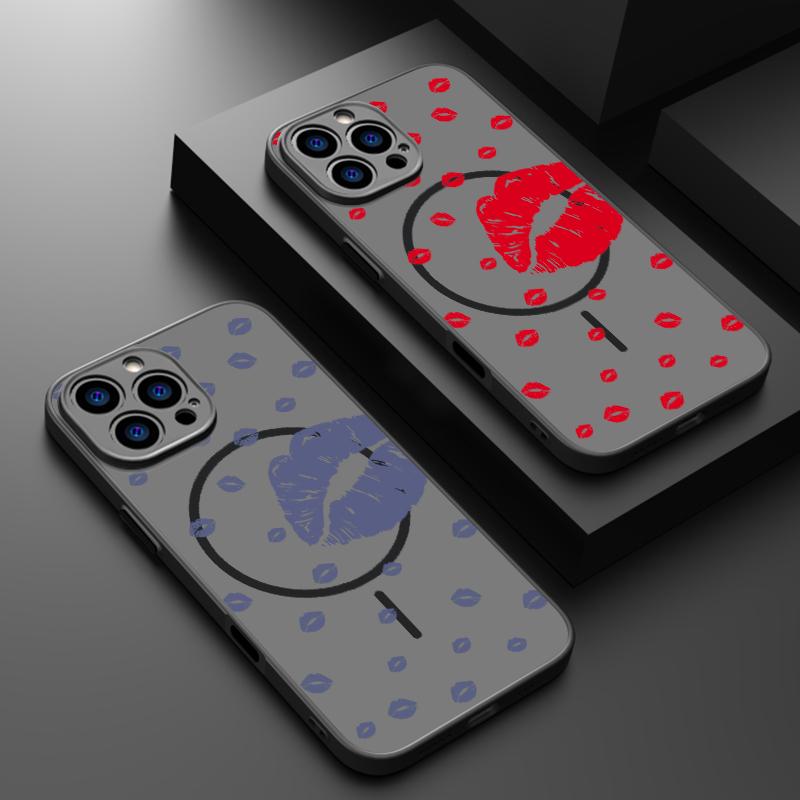 Color Lips Pattern Clear Matte Wireless Charge Case For iPhone 16E 16 Pro Max 15 Pro 14 13 Soft Edge Shockproof for Magsafe Magnetic Phone Cover