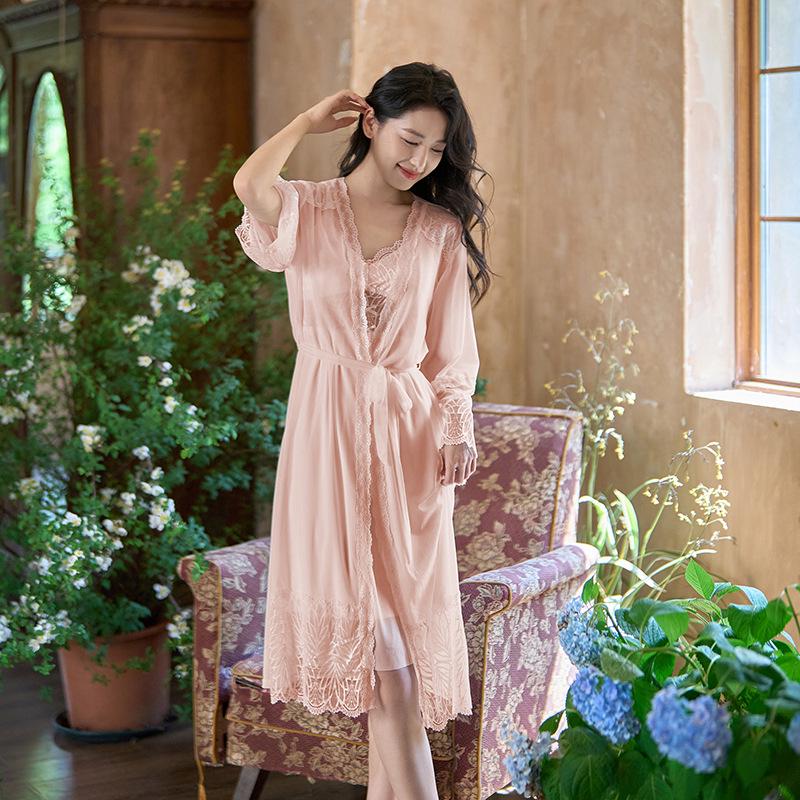 French Court-Style Long Sleeve Camisole Sleep Dress with Bra Pads - Two-Piece Fairy Home Wear Set